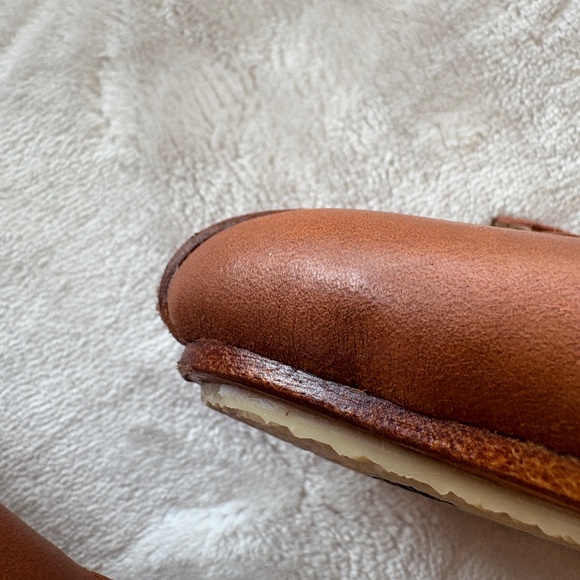 ELF Scalloped Tan Leather Flats. Double Ankle Strap. - Picture 13 of 16